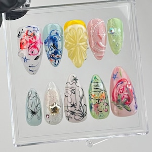 Künstlerischer Ausdruck Press On Nails | Unikat Art Gallery Nailart | Bunte Abstrakte Fake Nägel | Trendy Kristall Acrylnägel |HB631YC