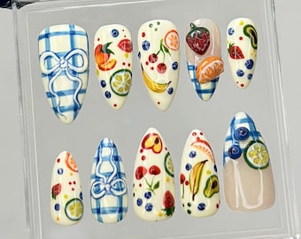 Handmade Fruity Picnic Press On Nails | Summer Nail Art HB918YC