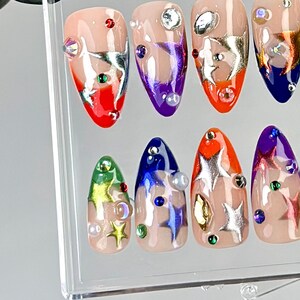 Luxury Metallic Press On Nails | Rainbow Star Almond Nails | Bright, Bold Star Nail Art | Shiny Metallic Fake Nails |Festival Nails |HC761YC