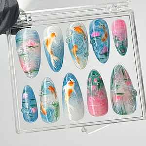 Ocean-Inspired Press On Nails | Hand-Painted Koi Fish Press On Nails | Floral Lotus Nail Art | Ocean Nails | Summer Press On nails | HB432TL