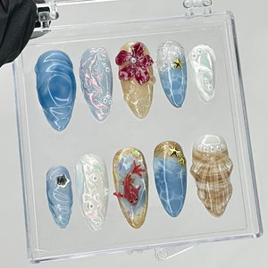 Ocean-Inspired Press On Nails | 3D Sea Shell and Starfish Ocean Nails | nails press on | Summer nails | Koi fish Acrylic nails  | HB430TH