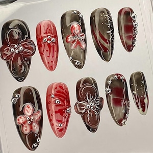 Noir Elegance Press On Nail | Chic Red Floral Fake Nails | Gothic Flower Acrylic Nail | Jeweled Press Ons | Black Flower Style Nail | HC488Y