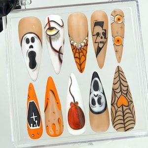 Gothic Halloween Press On Nails | Creepy Orange and Black Fake Nails | Unique Halloween Acrylic Nails | Ghost and Skull Nail Art | HB564YK