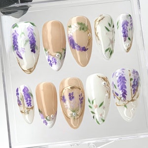 Lavender Bloom Press On Nails | Elegant Floral Nail Art | Spring Garden Press Ons | Hand-Painted Flower Fake Nails | Botanical Nail |HC514YG