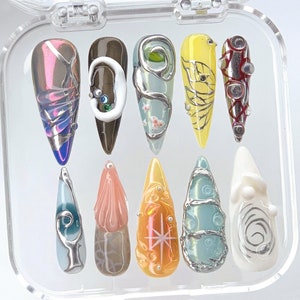 Vibrant 3D Fashion Press On Nails | Bold 3D Art Nail Polish | Unique Sculptural Nails | Gallery-Ready Press Ons | Standout Acrylic | HB483YC