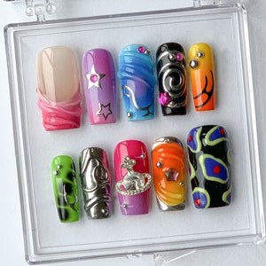 Vibrant Handcrafted Press On Nails | Colorful, Artistic Fake Nails | Globe charms on Acrylic Nails | Trendy and Unique Nail Art | HD376T