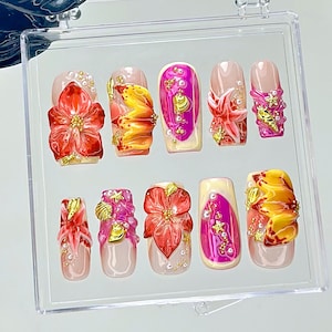 Tropical Hibiscus Press On Nails | 3D Floral Summer Fake Nails | Summer Bloom Nail Art | Sunset Color Bloom Kawaii Nails | 3D Nails |HB932YC