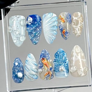 Ocean Koi 3D Press On Nails | Underwater Fantasy Press Ons | Custom Ocean Theme Fake Nails | Coastal Beauty Nail Art | Beach Vibes | HB753YC