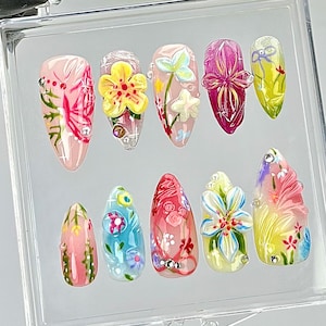 Spring Flower Press On Nails | 3D Blooming Floral Press Ons | Bright 3D Nails with Flowers Fake Nails | Nature Inspired Nail Art | HB825YK