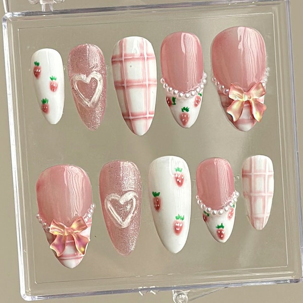 Dreamy Pink Press On Nails | Nail Set With Strawberry Design | Cute Bow and Heart Nail Art | Adorable 3D Raised Art |mother day gift| HD167T