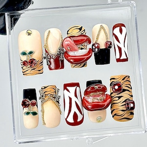 Cherry Tiger Glam Press On Nails | Y2K Red Lips & Chain 3D Fake Nails | Animal Print Long Nail Art | 3D Red Lips Press Ons | Gothic |HB894YK