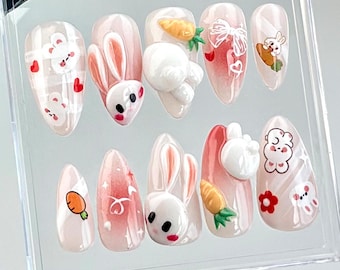 ピンクのベースにニンジンが付いた3Dかわいいうさぎのプレスオンネイル