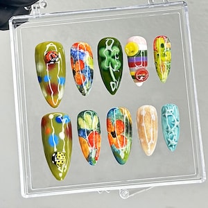 Bold Abstract Press On Nails | Rainbow Hand-Painted Tips Nail Art | Summer Festival Press Ons | Whimsical Fake Nails | Press Ons | HB961YK