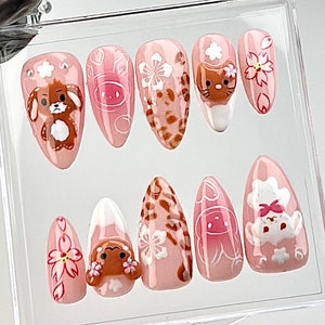 Uñas postizas con dibujos kawaii / Uñas con lindos gatos y conejitos rosas / Uñas postizas con animales rosas / Esmalte de uñas pastel kawaii / Uñas lindas / HB680YC