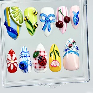 Whimsical Garden Party Press On Nails | Bee Cherry Bow Nail Art | Colorful Cottagecore Inspired Nails | Summer Picnic Nails |HB1001EC