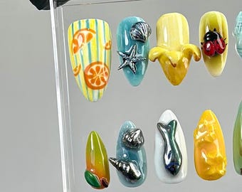 Unghie finte 3D estive / Nail art con frutta tropicale e conchiglie / HB759YK