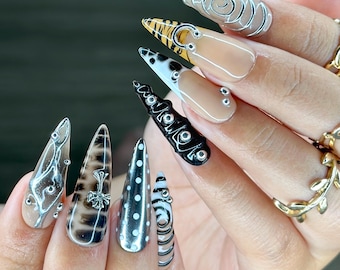 Gothic Stiletto Press On Nails | 3D Silver Spiral & Cross, Punk Style HC533YC