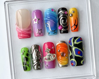 Vibrant Handcrafted Press On Nails | Colorful, Artistic Fake Nails | Globe charms on Acrylic Nails | Trendy and Unique Nail Art | HD376T