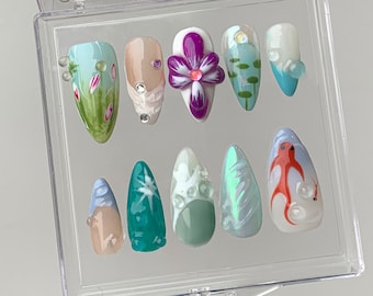 Ensemble d'ongles en gel 3D floral vibrant | Presse colorée sur les ongles | Belle manucure gel 3D an 2000 | Ongles à presser inspirés de l'océan | HD305TT