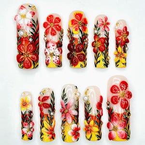 Summer Floral Press On Nails | 3D Flower Nail Art | Tropical Yellow Red Nail Set | Handmade Paradise Nails | Botanical Nail Design | HA981EC
