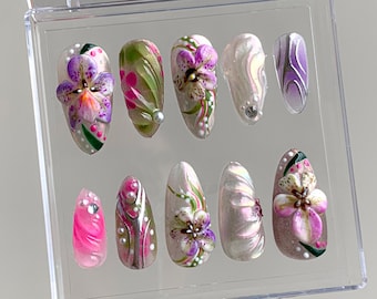 3D Flowers Press On Nails | Free style  Butterfly Wing Patterns Nails | Elegance Fake Nails | Purple Flower 3D Nail Art | Y2k Nails | HD362T