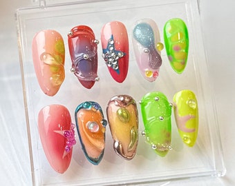 Hand Painted Tropical Press On Nails | Marine Y2K Nail Set | HC354T