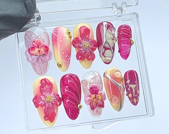 3D Flower Press On Nails | Floral Acrylic False Nails HB423YL