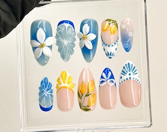 Hand-Painted Floral Lemon Press-On Nails | 3D Flower Bow Nail Art HC571YL