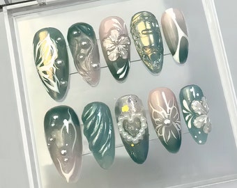 Delicate Blooms Press On Nails | Heart-shaped Pearl Charms On Fake Nails |  Green Leaf Press On Nails | Nail Art | Gift for her | HD193T