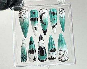 Green Ombre Halloween Press On Nails | Gothic Spiderweb Nail Art HB577TK