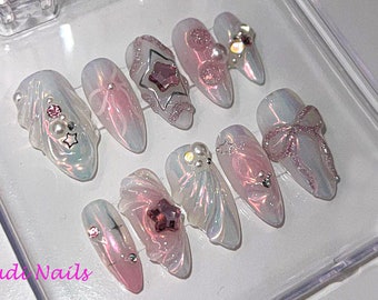 Charming Pink Bow Press On Nails | Sparkling Star Charms & Pearlescent Elegance Y2k Nails , Spring Nails| Fake Nails, Gift for her | HD146T