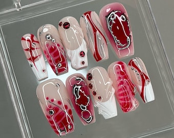 Rode en witte bloedmaan pers op nagels | Y2K zilveren accenten HB137T