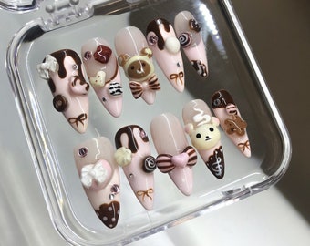 Cute Dessert Press On Nails | 3D Sweets And Bear Designs with Bow Fake Nails | 3D Chocolate, Candy Acrylic Nails | Kawaii Nails | HB549Y