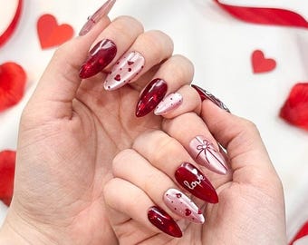 Uñas postizas con forma de corazón para San Valentín / Set romántico de uñas en rojo y rosa / Regalo hecho a mano para novia / Elegantes uñas postizas con forma de aguja / HC999GK