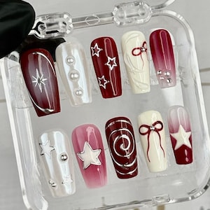 Y2k Elegant Motifs Press On Nails | Y2k-Inspired Nail Set | Red and White with Unique Chrome Designs on Fake nails | HD77