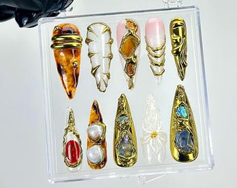 Gold Sculpture Press On Nails | Gemstone Detail, Luxury Acrylic Nails HB905YC