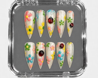 Ladybug Floral Press On Nails • Colorful 3D Flower Long Stiletto Fake Nails • Summer Vacation Nails • HC1360JG
