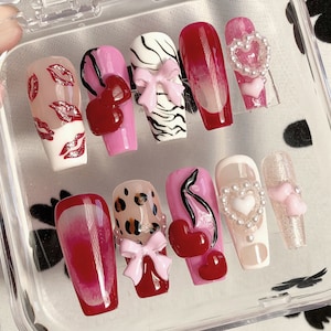 Glamorous Pink Press On Nails | Pink Delight with 3D Kiss and Cherries Press Ons | Nail Set with Bow on Fake Nails | Y2K Nails | HC299T