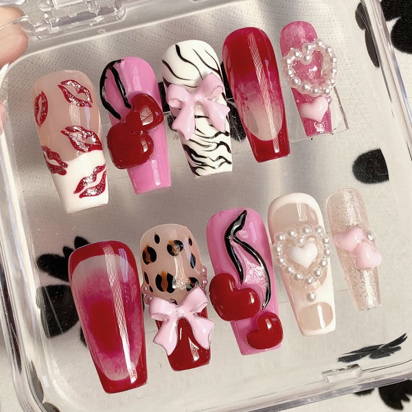 Glamorous Pink Press On Nails | Pink Delight with 3D Kiss and Cherries Design | Nail Set with Bow and Heart Charm | Y2K Style Nails | HD299N