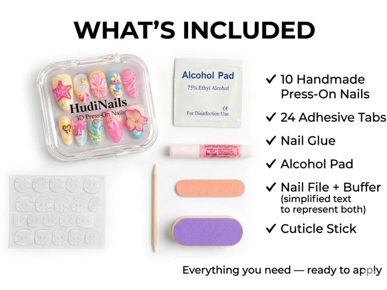 May include: A complete nail kit with the text "WHAT'S INCLUDED". The kit includes 10 handmade press-on nails, adhesive tabs, nail glue, an alcohol pad, nail file, buffer, and cuticle stick. The nails are in a clear case.