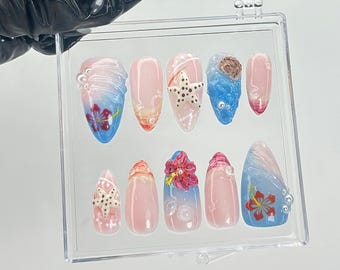 Uñas postizas 3D con diseño de conchas marinas / Arte de uñas tropical hecho a mano / HB840YC