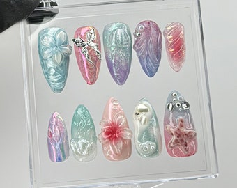 Uñas postizas 3D con diseño de estrella de mar / Diseños florales marinos y de conchas HC470TK