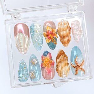 Tropical Beach 3D Press On Nails | Ocean-Inspired Designs with Flowers, Seashells, and Starfish | Handmade Press On Nails | HB421SL