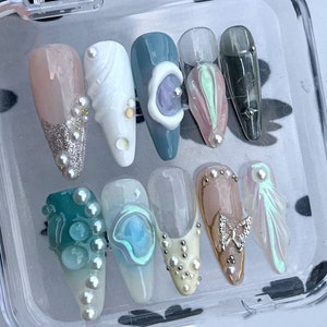 Ocean-Inspired Press On Nails with Pearl Charms | Soft Curves on Blue Ombre Nails | Pearl & Gold Butterfly Charms On Fake Nails | HD163T