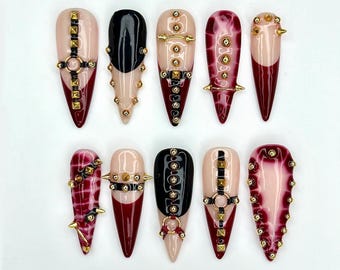 Gothic Spiked Press On Nails | Red Marble Studded Armor, Handmade HC990EP