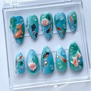 Ocean-Inspired Press On Nails | Hand Painted Koi Fish Nail Art | Blue with Underwater Flowers charms On Fake Nails | Ocean Nails | HB385T
