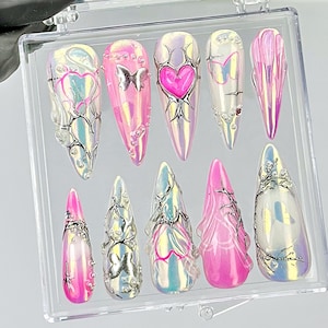 Chrome Pink Heart Press On Nails By HudiNails | Y2K Silver Mirror Design Fake Nails | Iridescent Butterfly Nail Art | Girly Nails| HC817YC