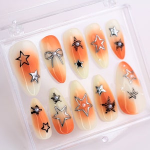 FreeStyle Almond Press On Nails | Handmade Short French Nails Art | Orange and White Nails with 3D Stars and Bows | Y2K Nails | HD244N