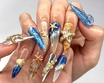 Ongles océan 3D étoiles de mer et méduses | Or argent métallisé chromé | Blue Beach Wave Appuyez sur | Coquette Pearl Art d'été | HB1348D