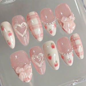 Sweet Pink Strawberry Nails | 3D Bow & Pearl Fake Nails |Kawaii Pink Bow Nail Art |Romantic Pink Nail Art | Plaid, Heart Accent Nails|HC280Y